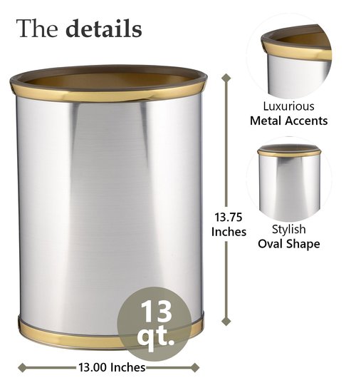 Kraftware Mylar Brushed Chrome/Brass 13-Inch Oval Waste Basket with 3/4-Inch Brushed Brass and Gold Bumper