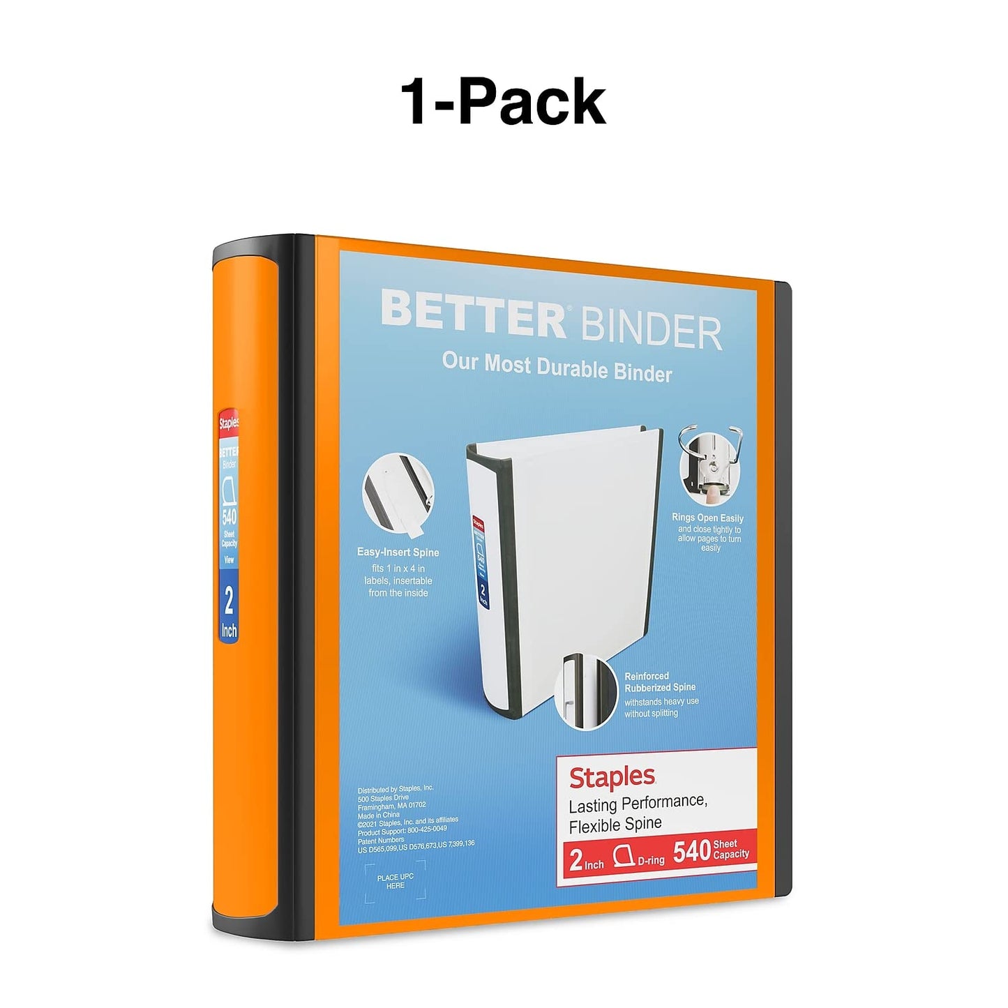 Staples Better Binder, 2" D‑Ring 3‑Ring Binder, Bright Orange, Reinforced Rubber Spine, Durable High‑Capacity Binder for School & Office