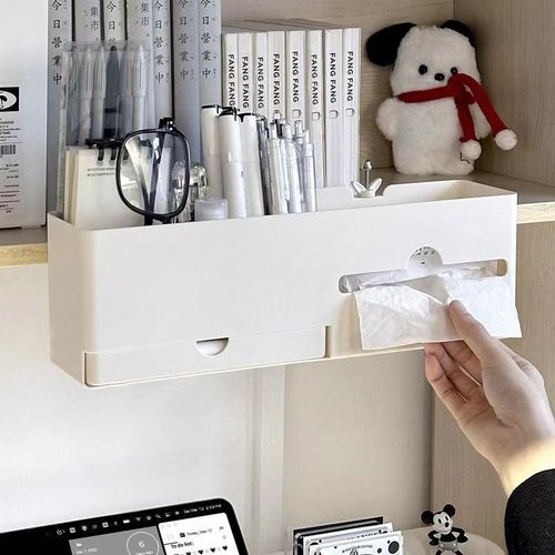Desk Side Storage Organizer, Desk Cup Holder, No Drill Pen/Pencil/Phone Holder with Hanging Under Table, Clamp On Desktop Side, Stationery Organization Accessories for Home Office(L-size)