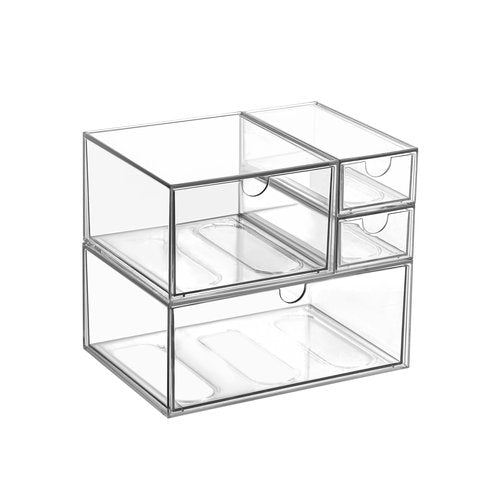 WUHUME Makeup Drawer Organizer, Desk Drawer Organizer With 4 Drawers, 3 Different Sizes, Suitable For Office Desk, Bathroom, Bedroom, Jewelry, Stationery, Handicraft Storage And Organization, clear