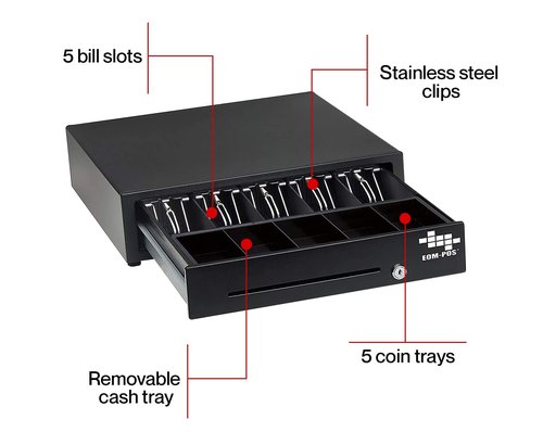 EOM-POS Cash Register Money Drawer. Compatible with Square [Receipt Printer Required]. Includes Built in Cable to Connect to Receipt Printer. (Printer Driven)