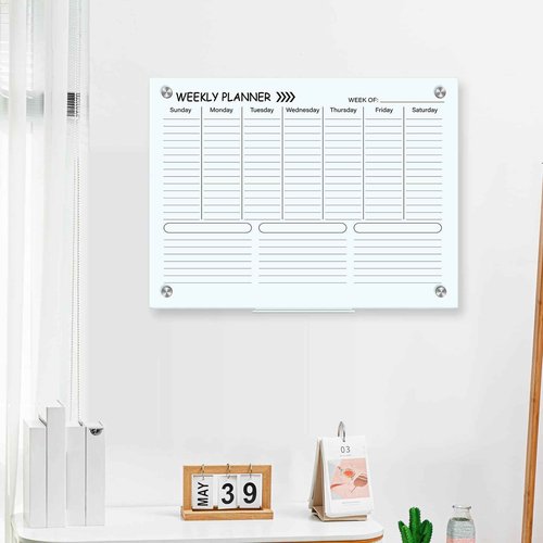 Kritkin Glass Whiteboard Calendar 24" x 18" Weekly Dry Erase White Board Planner Glass Large Wall Mounted Calendar with Marker Tray for Wall Home Office