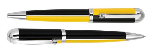 Xezo Visionary Brass and Aluminum Ballpoint Pen, Medium Point. Speed Yellow and Black Lacquer. Numbered in Limited Edition of 500. Classic Art Deco Color Disposition, Retrofuturistic Body Style