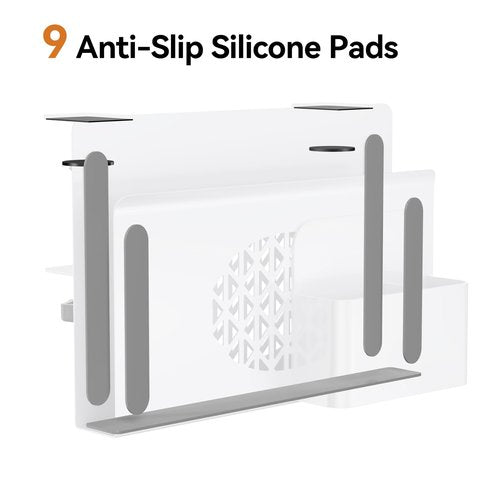 Josmimic Desk Side Storage, Metal Laptop Holder with Magnetic Pen Box, Clamp-On Under Desk Organizer with Cooling Holes & Anti-Scratch Pads for Office and Home (White)