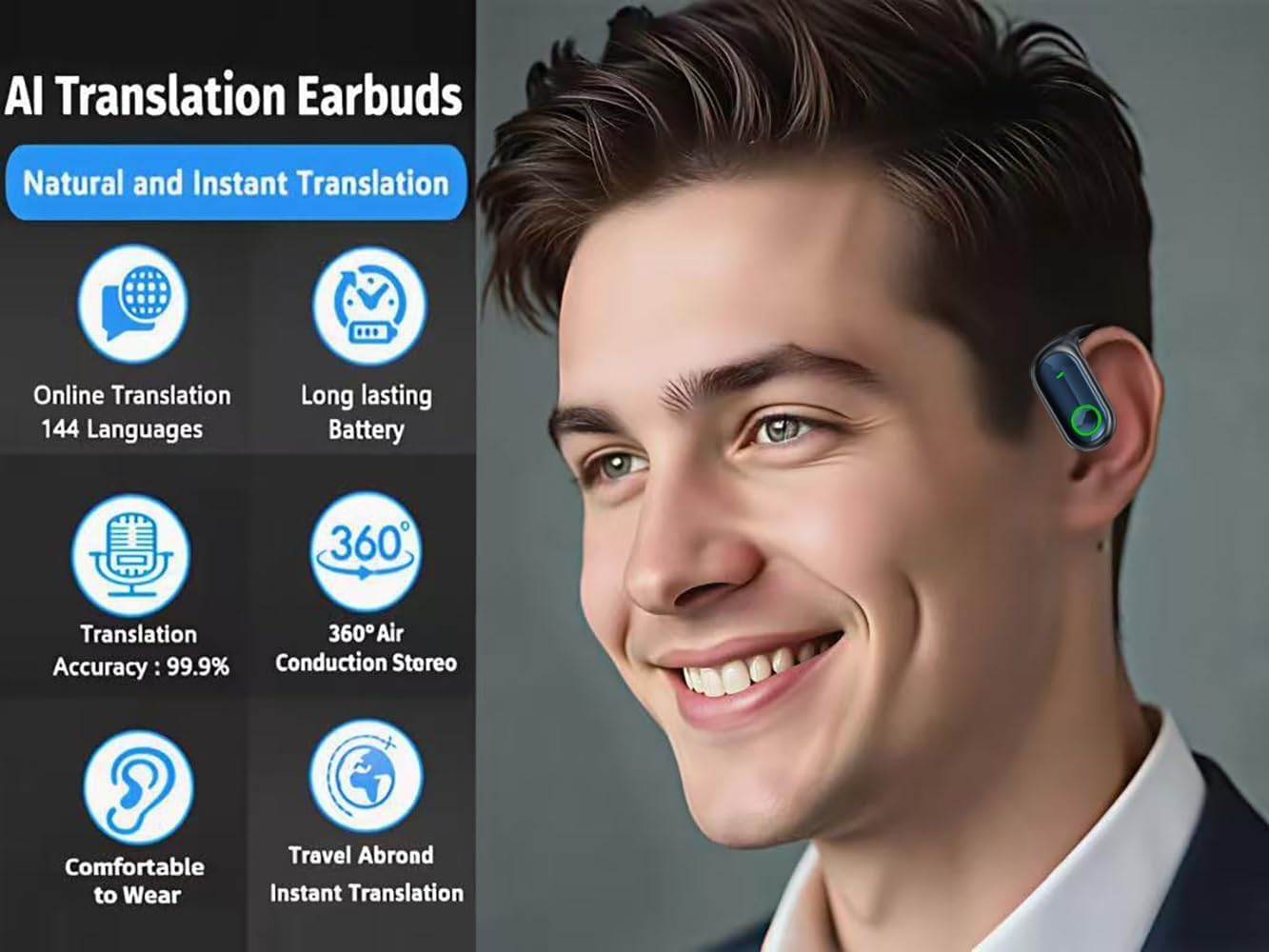 Skiennix AI Translation Earbuds - Real-Time Translation in 144 Languages | 2-Pack Open Ear Wireless for Travel & Business