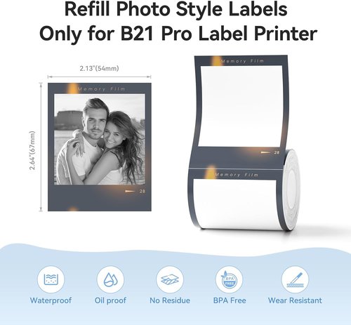 NIIMBOT Photo Label - Waterproof Thermal Sticker Paper for B21 Pro Printer | 2.1x2.6in (54x67mm)