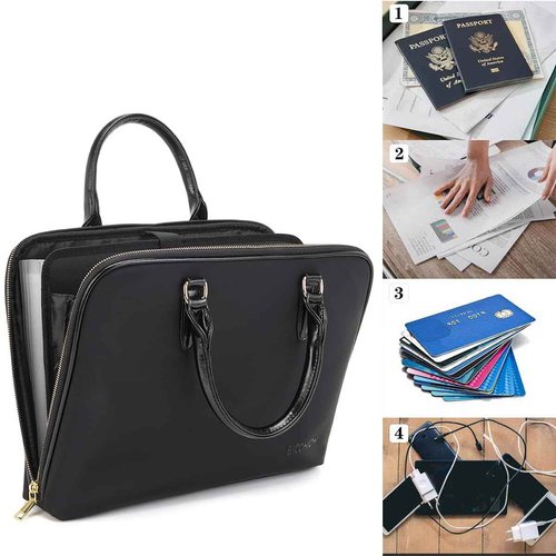 Accordian File Organizer Tote,Folder with Zipper & Labels,12 Pocket Expanding File Folder， Paper Folder for Letter A4 Files Business Teacher Office Bag (Black)