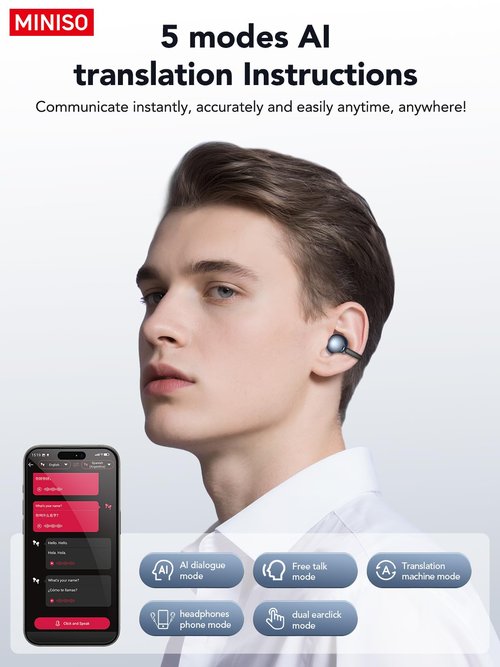 MINISO AI Translation Earbuds Real Time with LCD Touchscreen, 3-in-1 Language Translator Earbuds Supporting 150 Languages, Bluetooth 6.0, Clip-On Design & 60Hrs Playtime, Ideal for Travel & Business