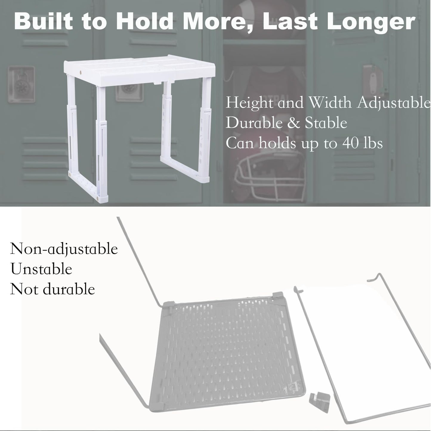 Adjustable Locker Shelf for School, Work & Gym Lockers – Expandable Width & Height, Stackable, Magnetic Support, Durable Locker Organizer Shelf – Easy to Assemble, Fits Standard Lockers, White