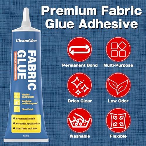 GleamGlee Clear Permanent Fabric Glue 1 Pack - Washable No-Sew Adhesive for Patches, Rhinestones & Clothing Repair