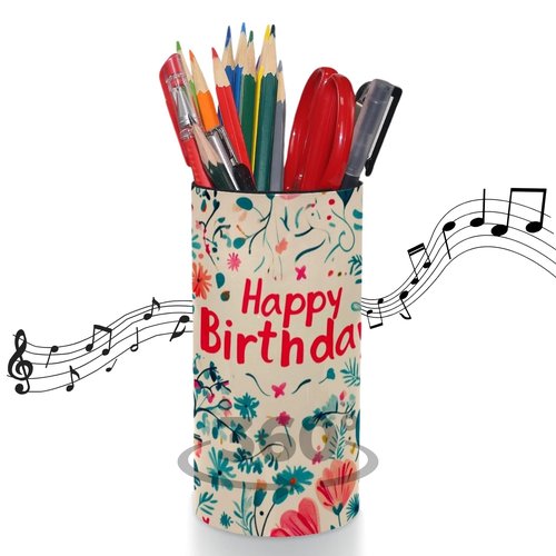 otnrnondcl Music Box Pen Holder Stand for Desk, Iron & Leather Pencil Makeup Brush Organizer, Rotating Musical Figure Present for Home, Birthday (Birthday Flowers - Christmas Song)