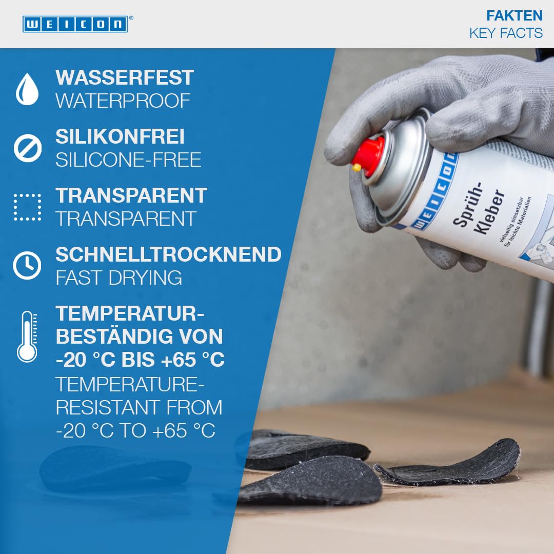 WEICON Adhesive Spray | 500 ml / 17oz | Transparent | for Felt, Foam, Leather, Carpets, Rubber, Wood | Craft Adhesive | Multipurpose | Industrial Grade (Adhesive Spray)
