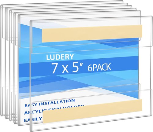 Skiennix Acrylic Sign Holder - 5x7 Horizontal Wall Mount Frame with Adhesive Tape | No Drilling, 6 Pack