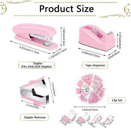 Office Supplies Set,Desk Accessories,Stapler and Tape Dispenser Set,1000 Staples,Staple Remover,Hinder Clips,Scissor,Index Tabs,Clear Tape,Ballpoint Pen,Gifts for Colleagues(Pink)