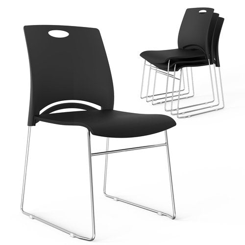 VINGLI Stacking Chairs Set of 4 Stackable Office Chairs with Metal Sled Base, Ergonomic Plastic Seat, Stacking Chairs for Waiting Room Break Room Banquet Guest, Black