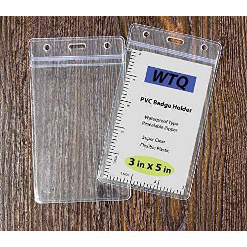 WTQ Large ID Badge Holders (Fit 3"x5" Insert, 100 Pack), Sealable Clear Plastic Name Tag Holders, Vertical Hanging Card Holder with Zipper, Waterproof Vinyl Pouches for Name Badges