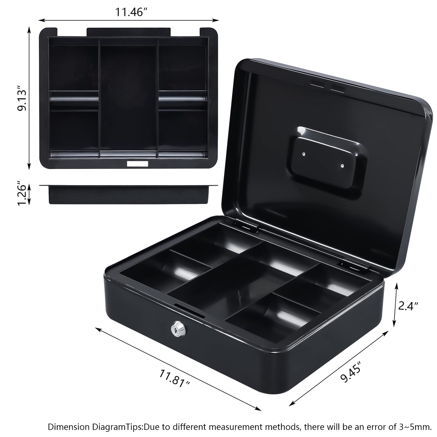 KYODOLED Metal Cash Box with Money Tray and Lock,Money Box with Cash Tray,Cash Drawer,11.81"x 9.45"x 3.54" Black X Large