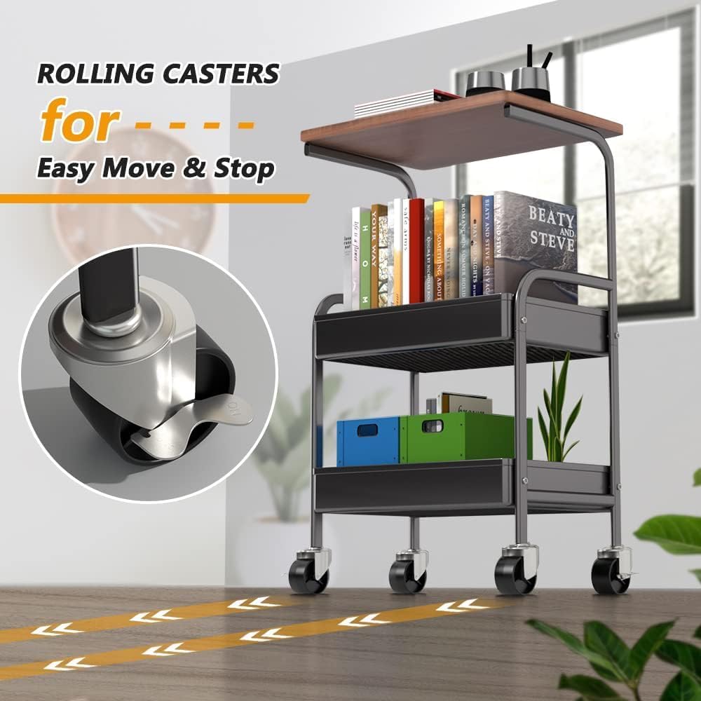 Skiennix Rolling Cart - 3-Tier Metal Utility Organizer with Lockable Wheels - Black Wooden Tabletop