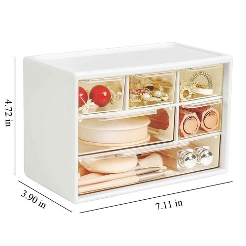 LIPCHEEGO 6 Pcs Small Drawer Organizer for Desk, Mini Desktop Drawer Organizer with 6 Clear Drawers, Plastic Desktop Craft Storage Box for Desk Office School Home 7.1" x 3. 8" x 4.6" (White)