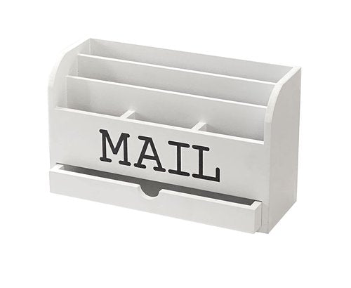 Cregugua White Desk Organizer Wooden Mail Storage box for tabletop office home,5 compartments with Drawer (4x11.8x7 in)