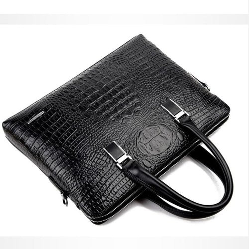 Luxury Crocodile Pattern Leather Briefcase, Business Laptop Bag with Shoulder Strap, Black, Black, Medium