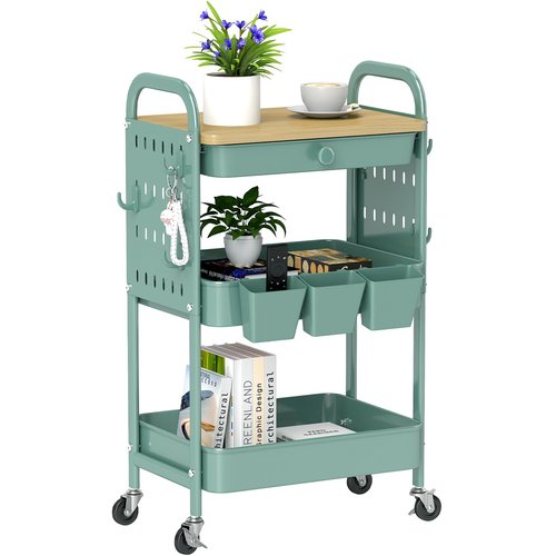 danpinera 3 Tier Rolling Cart, Metal Utility Cart with Wooden Table Top & DIY Pegboard, Rolling Carts with Drawer, Storage Cart Craft Cart with Hooks & Hanging Cups for Kitchen, Bathroom, Office