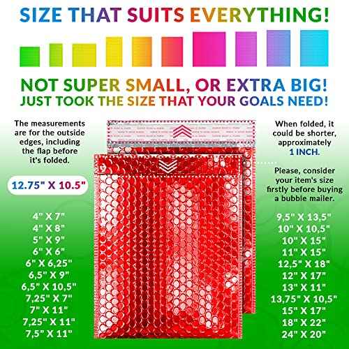 ABC Red Metallic Bubble Mailers, 12.75 x 10.5 Inches. 25 Pack Metallic Bubble Envelope with Self-Seal Closure. Waterproof Poly Mailers Metallic. Bright Metallic Packaging Envelopes for Shipping