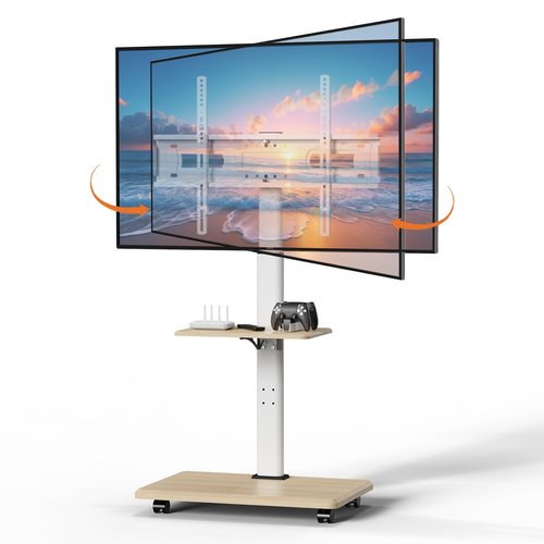 Rolling TV Stand with Wheels, Mobile TV Cart for 32-75 Inch Flat Screen TVs, Floor TV Stand with Swivel and Height Adjustment, Portable AV Cart with Wood Shelf for Bedroom,Home Office