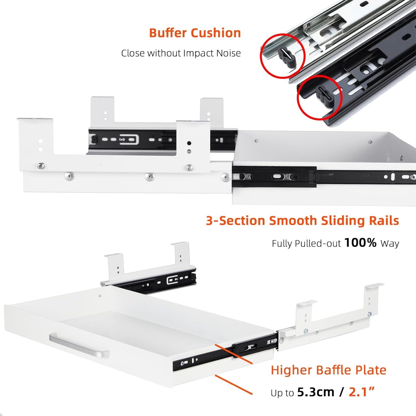 Under Desk Drawer Organizer - 21" White Adjustable Brackets & Sliding Pull-Out Design for Office Desks
