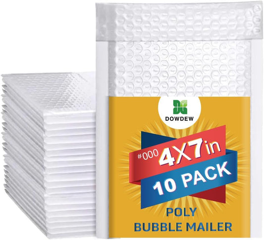 Water Resistant Bubble Mailers - 4x7 Inch White Poly Padded Envelopes | Self-Sealing 10 Pack