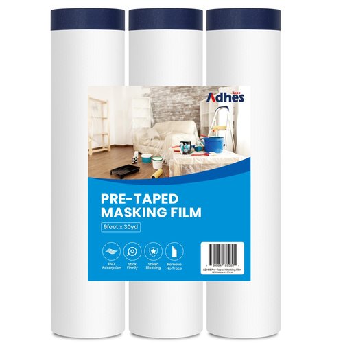 ADHES Painters Plastic with Tape, 102 inch x 90 feet x 3 Rolls Painters Tape with Plastic Attached, Pre Taped Masking Film for Automotive Painting Covering