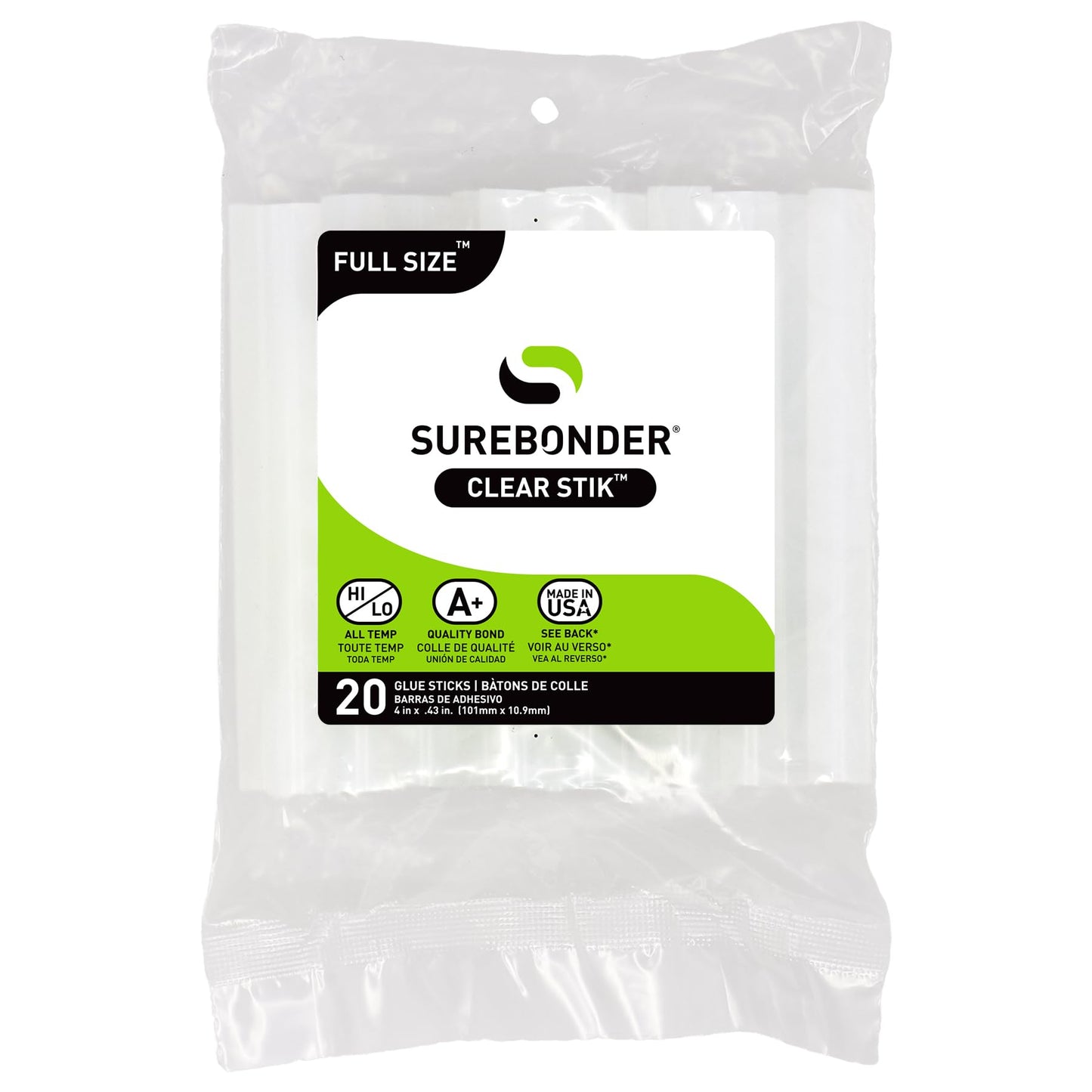 Surebonder Full-Size Hot Glue Sticks for Craft, DIY, and Repairs, All Purpose, All Temperature - 4-Inch Length - 20 Pack, Clear