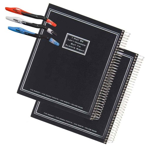 2 Left-Handed Five Subject College Ruled Notebooks With "I May Be Left-Handed But I Am Always Right" Saying Plus 3 Left-Handed Visio Pens