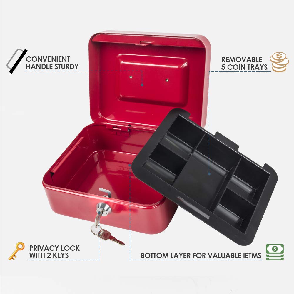 Kyodoled Cash Box with Money Tray,Small Fire Resistant Safe Lock Box with Key,Cash Drawer,5.91"x 4.72"x 3.15" Red Small