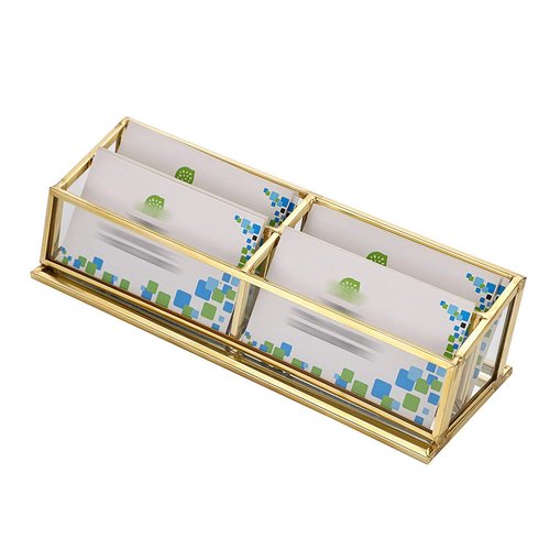 Hipiwe 4 Slots Glass Business Card Holder Stand - Vintage Gold Metal Name Card Display Stand Office Desktop Countertop Business Card Organizer