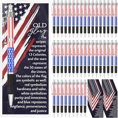 100 Sets Veterans Day Gifts Bulk American Flag Ballpoint Pens USA Patriotic Themed Black Ink Retractable Pen Stars Stripes Bookmarks Stationery Remembrance Day for Home Office Army Veterans Souvenirs