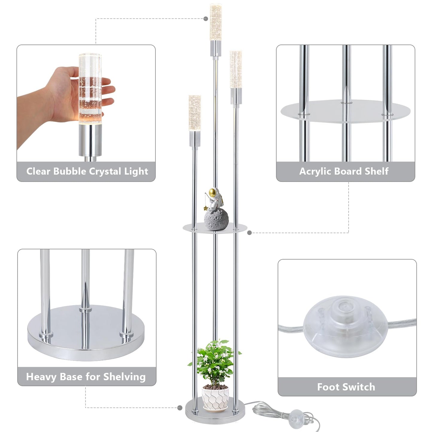 Stepeak Bubble Crystal Floor Lamp with Shelves, 3 Lights Modern Standing Lamps for Living Room, Built-in LED Lights, Foot Switch, Industrial Tall Corner Floor Lamp for Bedroom Home Office, Silver