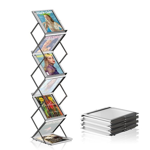Aluminum Folding Magazine Rack with 6 Pockets, Floor-Standing Exhibition Display Stand, Perfect for showcasing brochures, magazines, and flyers in trade shows, offices, libraries, and reception areas