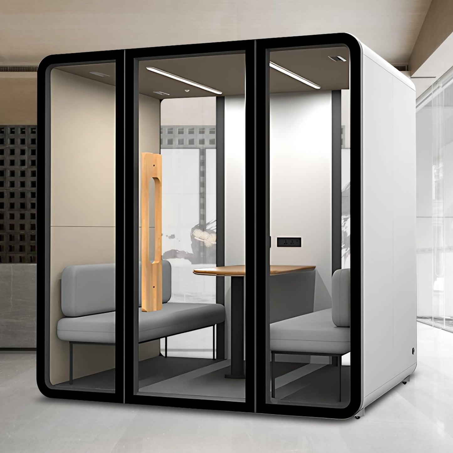 X-Comfot Outdoor Office Pod Booth with Audio Privacy - Freestanding Soundproof Booth with Black and White Frame and Wood Color Door Handle,Sound Booth with Ventilation System for Meeting (86.6IN)