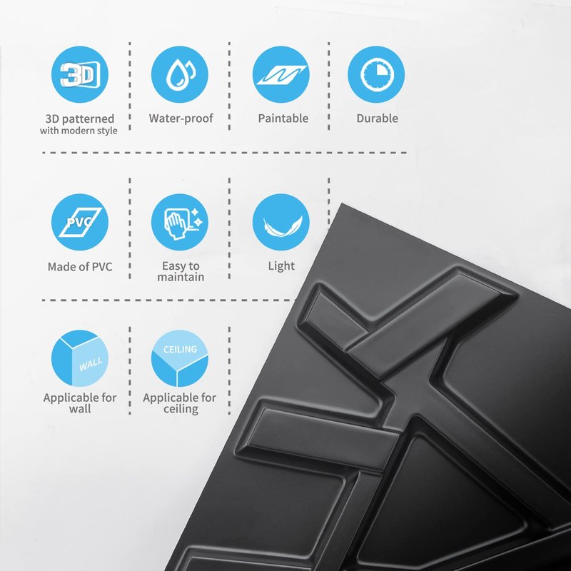 Art3d 19.7" x 19.7" (Pack of 12) Wall Panel Stripes, Black