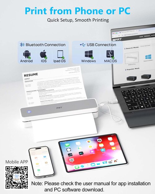 PRT Inkless Portable Printer for Travel, Wireless Thermal Printer Support 8.5 x 11 Inch US Letter A4 B5, Bluetooth Mobile Printers with iOS, Android, Laptop for Home Use, Car, Office, School, Grey