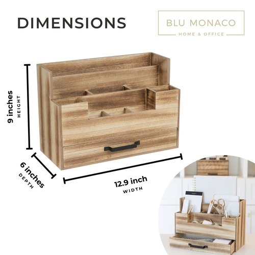 BLU MONACO Natural Wood Mail Organizer with Drawer, 5 Compartments, Desk Organizer for Women Office Desk Organization, 12.9x5.7x9 inches, 4.1 pounds