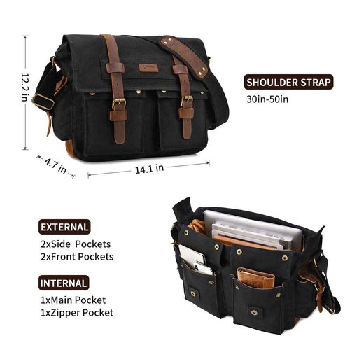 Kattee Military Messenger Bag Canvas Leather Shoulder Bag Fits 13.3 Inch Laptop Black