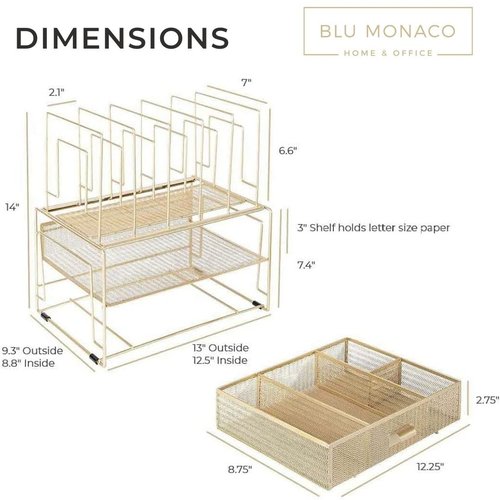 BLU MONACO Gold Desk Organizer – Cute File Holder for Desk & Drawer Storage for Office Supplies, Paper, Devices & Folders