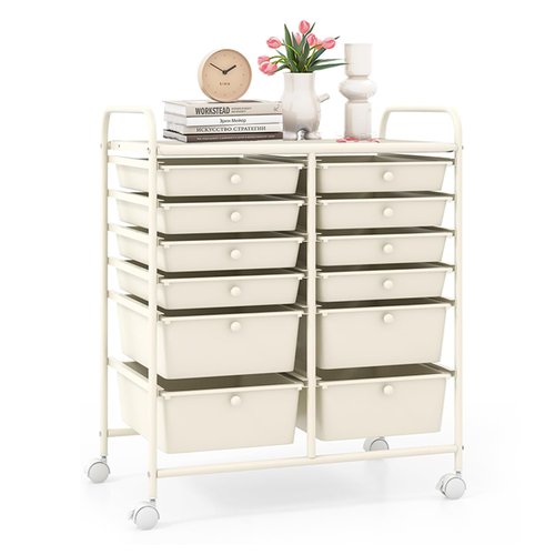 LDAILY 12 Drawer Rolling Storage Cart, Craft Cart Organizer on Wheels w/Metal Frame, Large Capacity & Smooth Drawer, Rolling Cart w/Drawers for Classroom, Office