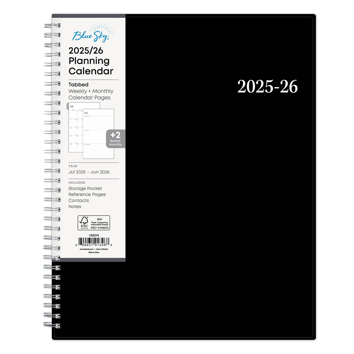 Blue Sky 2025-2026 Weekly and Monthly Academic Year Planner Calendar, July - June, 8.5" x 11", Flexible Cover, Wirebound, Laminated Tabs, Storage Pocket, Enterprise