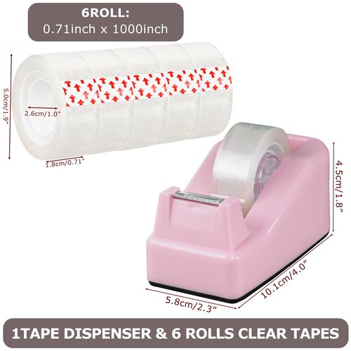 Desktop Tape Dispenser Pink with Weighted Nonskid Base - Includes 6 Rolls of Transparent Tape (0.71 Inch x 1000 inches Each)