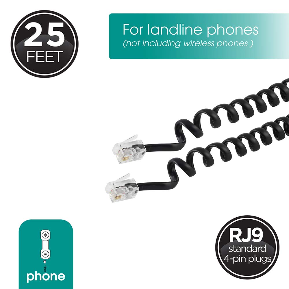 Power Gear Coiled Telephone Cord, 4 Pack, 4 Feet Coiled, 25 Feet Uncoiled, Phone Cord works with All Corded Landline Phones, For Use in Home or Office, Black, 46082
