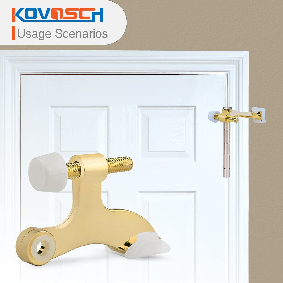 KOVOSCH 2 Pack Hinge Pin Door Stopper Bright Brass - Adjustable Heavy Duty Gold Hinge Pin Door Stop with White Rubber Bumper Tips