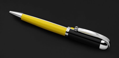 Xezo Visionary Brass and Aluminum Ballpoint Pen, Medium Point. Speed Yellow and Black Lacquer. Numbered in Limited Edition of 500. Classic Art Deco Color Disposition, Retrofuturistic Body Style
